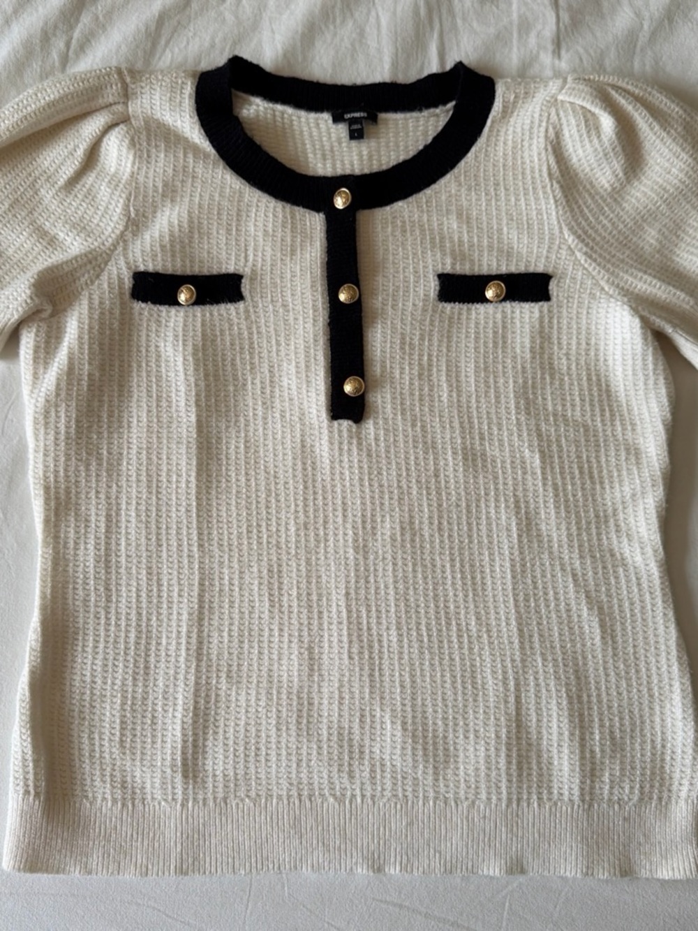Express Women’s Cream Knit Top with Black Trim and Gold Buttons
